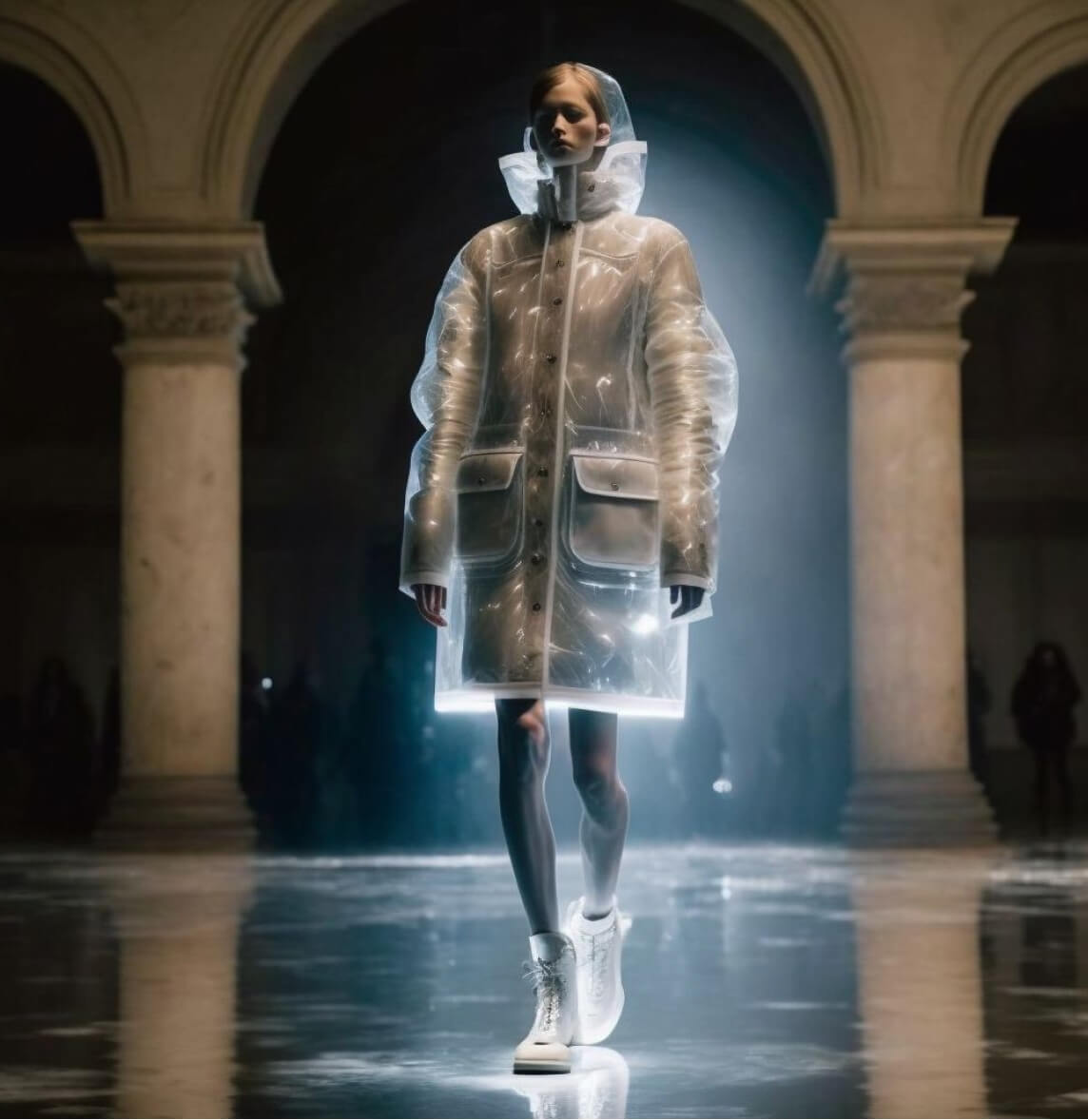 bright spotlight on model with translucent jacket